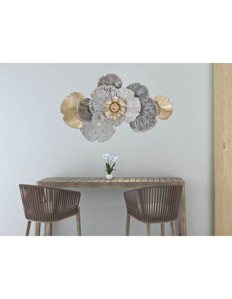Décoration murale Fleurs abstraites 97x59 Métal Doré Blanc crème Gris Poxy 