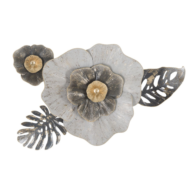 Décoration murale romantique chic Fleur 74x47 Métal Blanc crème Noir Doré Edy 