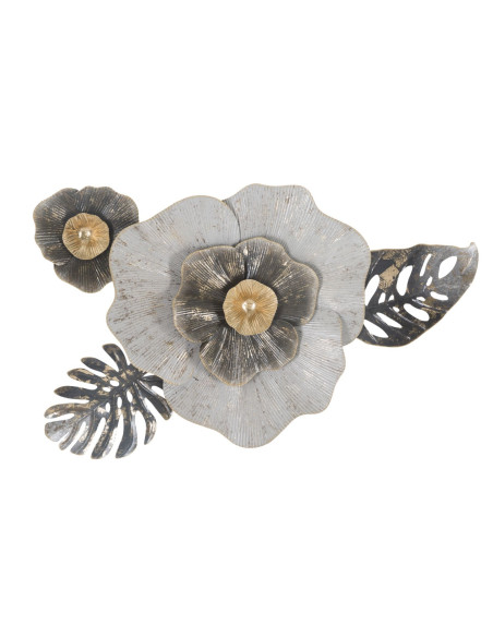 Décoration murale romantique chic Fleur 74x47 Métal Blanc crème Noir Doré Edy 