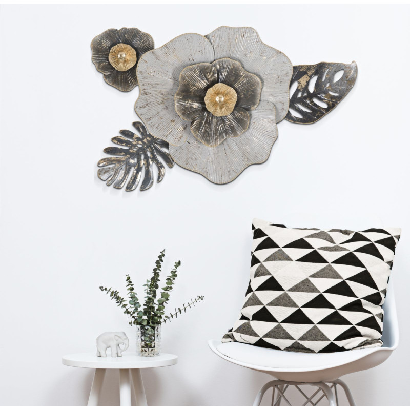 Décoration murale romantique chic Fleur 74x47 Métal Blanc crème Noir Doré Edy 