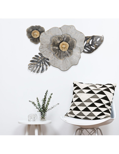 Décoration murale romantique chic Fleur 74x47 Métal Blanc crème Noir Doré Edy 