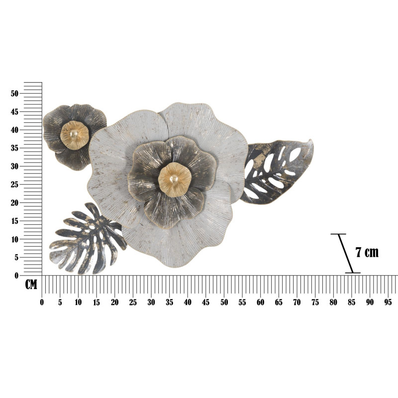 Décoration murale romantique chic Fleur 74x47 Métal Blanc crème Noir Doré Edy 