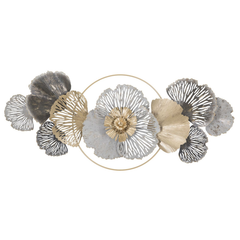 Grande Décoration murale Fleurs abstraites 130x55 Métal Doré Blanc crème Gris Poxy 