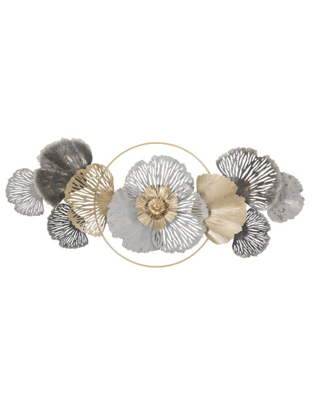 Grande Décoration murale Fleurs abstraites 130x55 Métal Doré Blanc crème Gris Poxy 