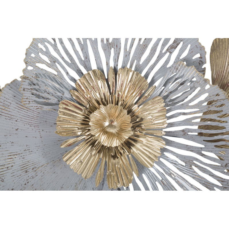 Grande Décoration murale Fleurs abstraites 130x55 Métal Doré Blanc crème Gris Poxy 