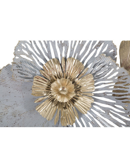 Grande Décoration murale Fleurs abstraites 130x55 Métal Doré Blanc crème Gris Poxy 