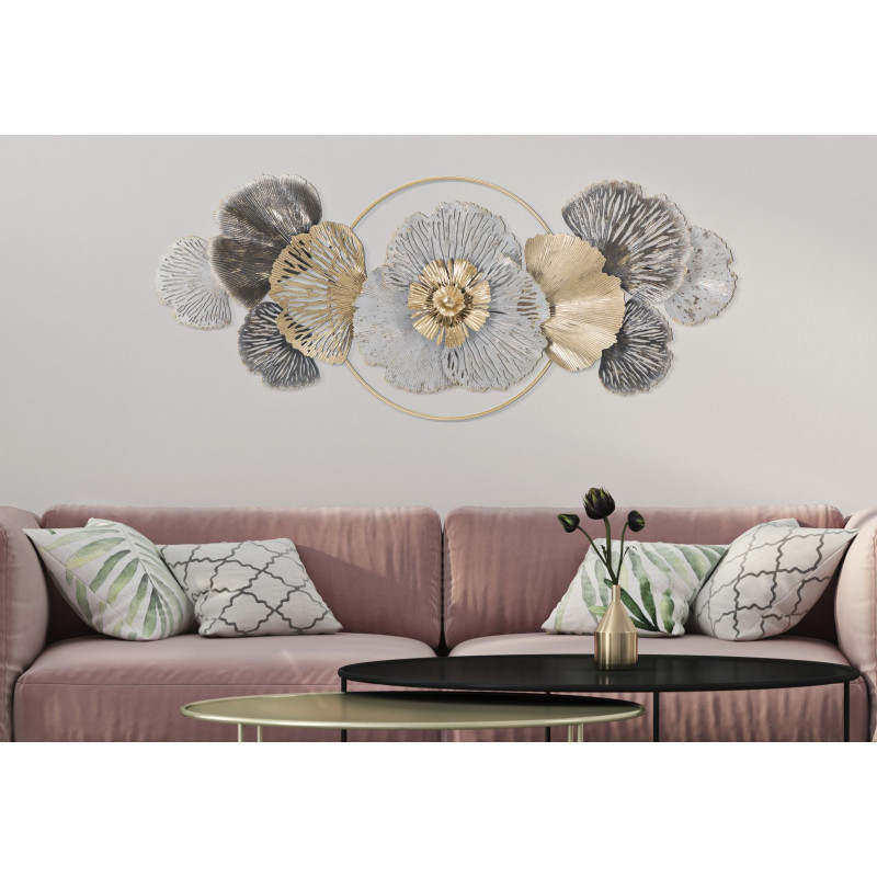 Grande Décoration murale Fleurs abstraites 130x55 Métal Doré Blanc crème Gris Poxy 
