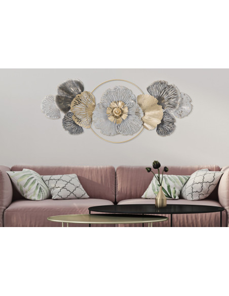 Grande Décoration murale Fleurs abstraites 130x55 Métal Doré Blanc crème Gris Poxy 
