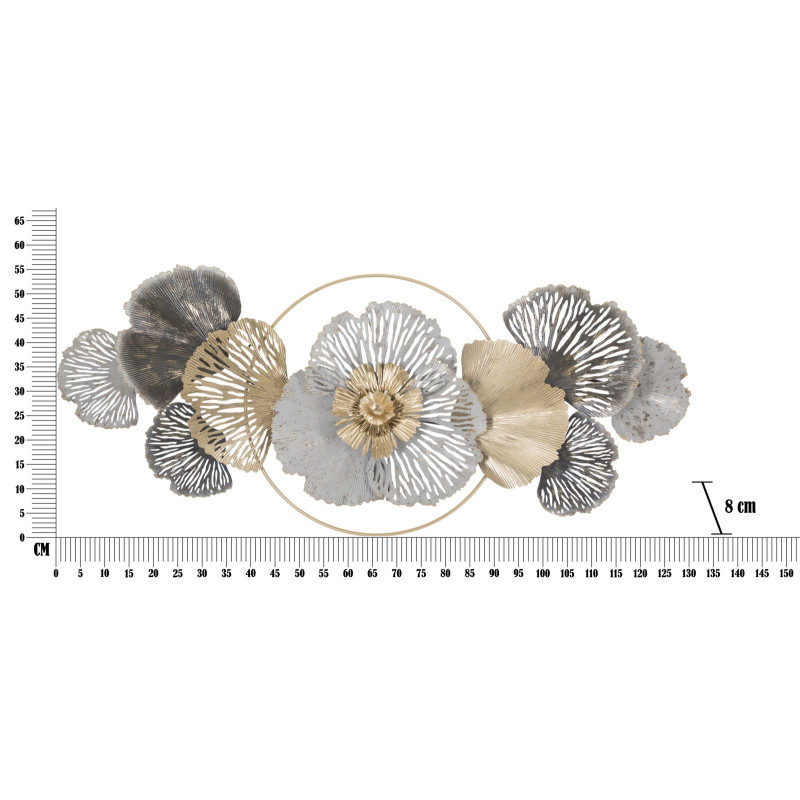 Grande Décoration murale Fleurs abstraites 130x55 Métal Doré Blanc crème Gris Poxy 