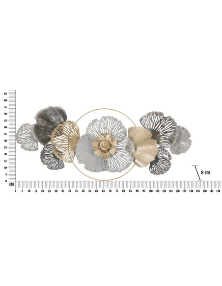 Grande Décoration murale Fleurs abstraites 130x55 Métal Doré Blanc crème Gris Poxy 