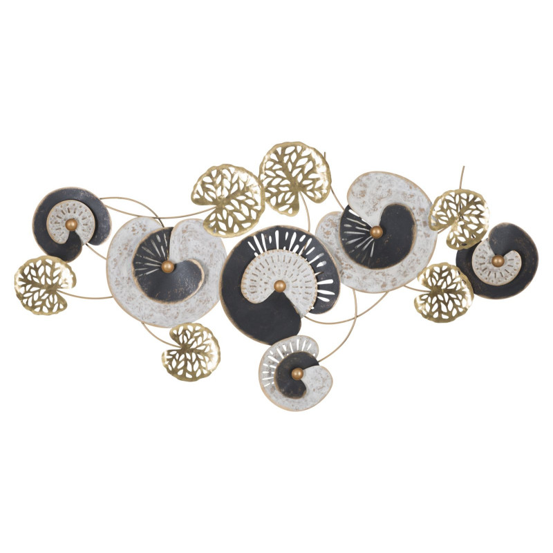 Grande Décoration murale moderne Feuilles abstraites 124x65 Métal Doré Noir Blanc crème Gloth 