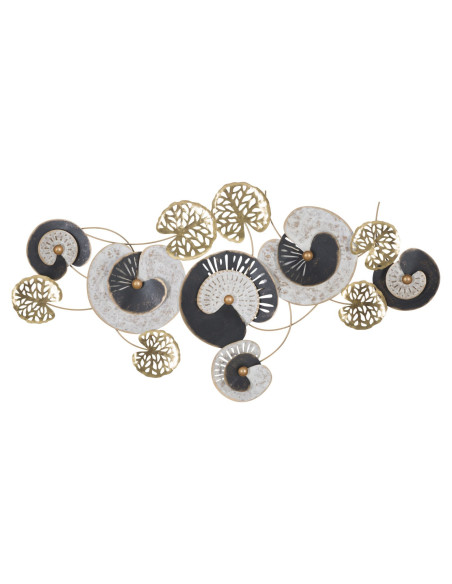 Grande Décoration murale moderne Feuilles abstraites 124x65 Métal Doré Noir Blanc crème Gloth 