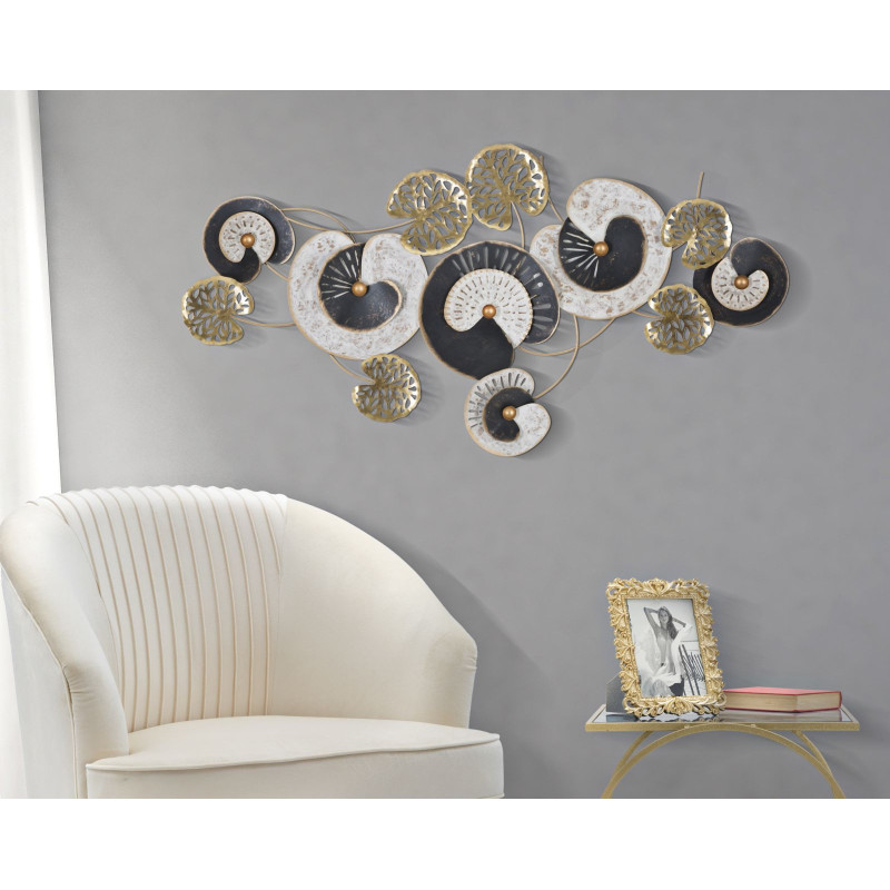 Grande Décoration murale moderne Feuilles abstraites 124x65 Métal Doré Noir Blanc crème Gloth 
