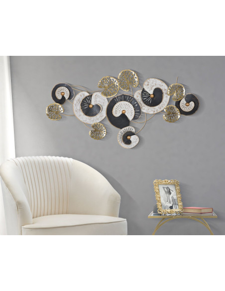 Grande Décoration murale moderne Feuilles abstraites 124x65 Métal Doré Noir Blanc crème Gloth 
