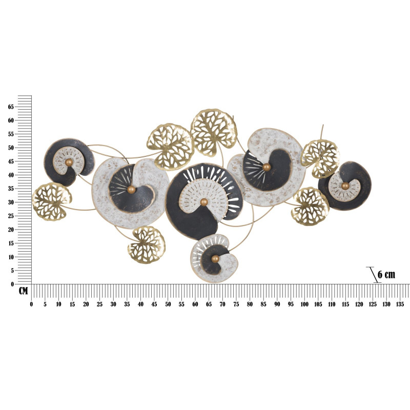 Grande Décoration murale moderne Feuilles abstraites 124x65 Métal Doré Noir Blanc crème Gloth 