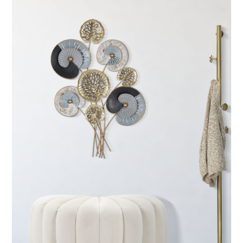 Grande Décoration murale moderne Bouquet abstrait 70x102 Métal Doré Noir Bleu Gloth 