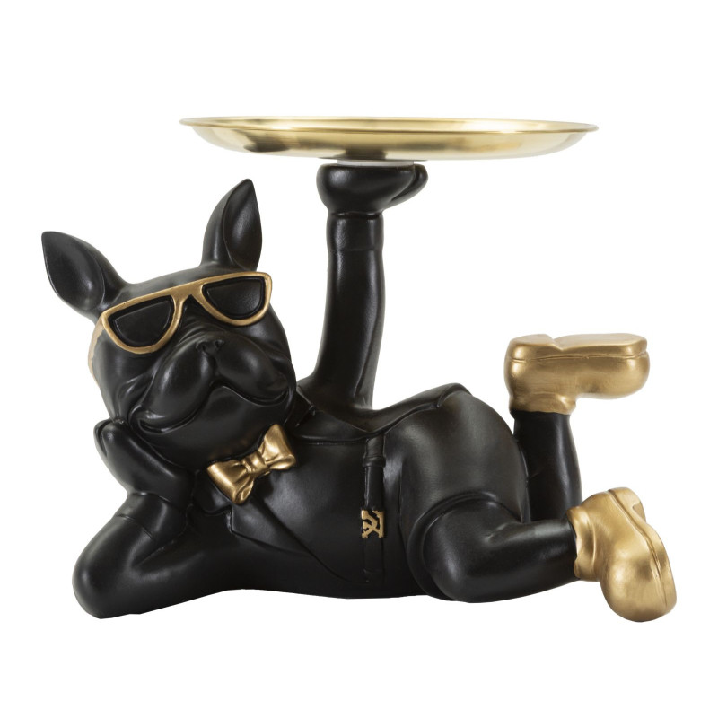 Statuette déco moderne Chien avec plateau 23 cm en Résine Noir Métal Doré Roven 