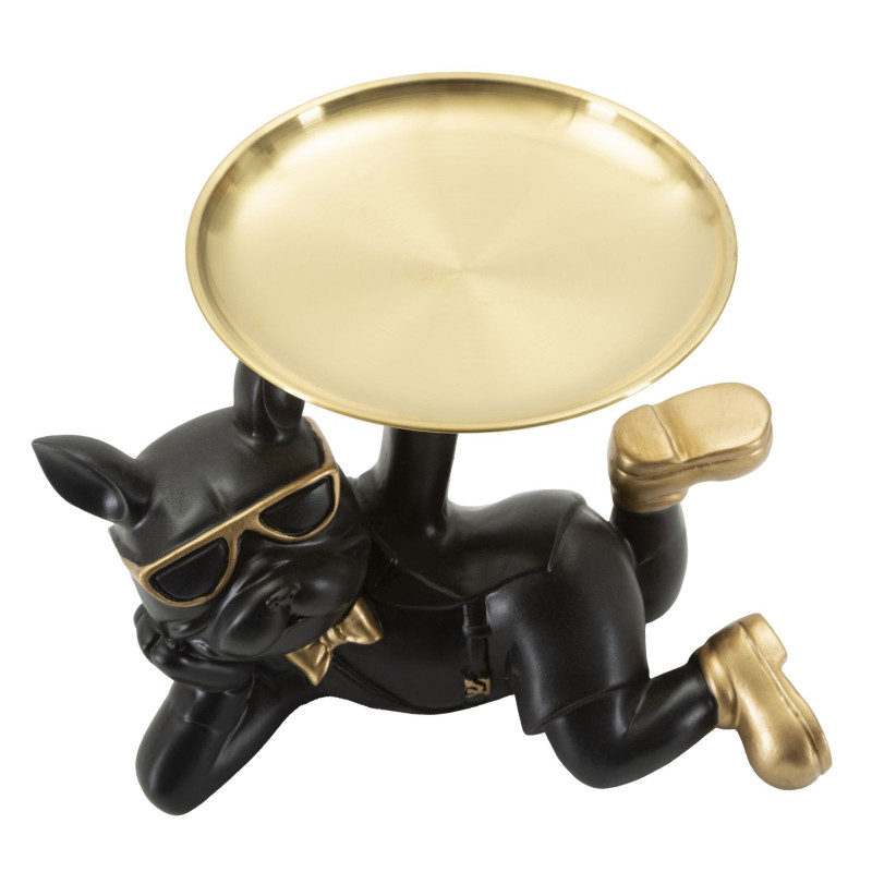 Statuette déco moderne Chien avec plateau 23 cm en Résine Noir Métal Doré Roven 
