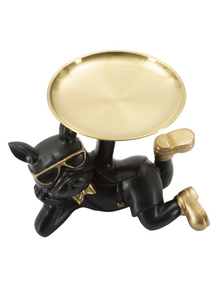 Statuette déco moderne Chien avec plateau 23 cm en Résine Noir Métal Doré Roven 