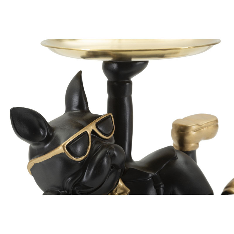 Statuette déco moderne Chien avec plateau 23 cm en Résine Noir Métal Doré Roven 