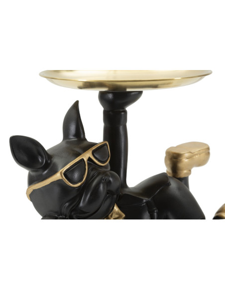 Statuette déco moderne Chien avec plateau 23 cm en Résine Noir Métal Doré Roven 