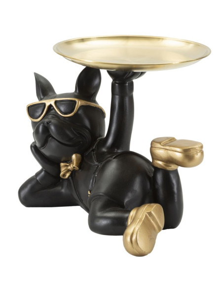 Statuette déco moderne Chien avec plateau 23 cm en Résine Noir Métal Doré Roven 