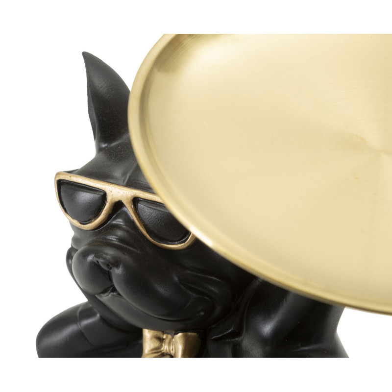 Statuette déco moderne Chien avec plateau 23 cm en Résine Noir Métal Doré Roven 