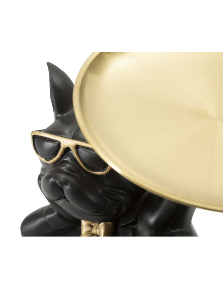 Statuette déco moderne Chien avec plateau 23 cm en Résine Noir Métal Doré Roven 