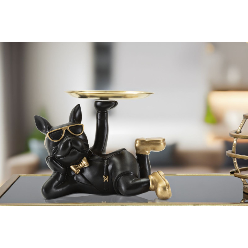 Statuette déco moderne Chien avec plateau 23 cm en Résine Noir Métal Doré Roven 