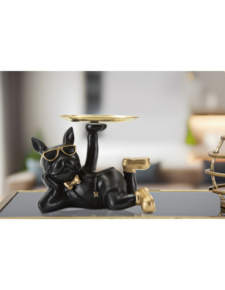 Statuette déco moderne Chien avec plateau 23 cm en Résine Noir Métal Doré Roven 