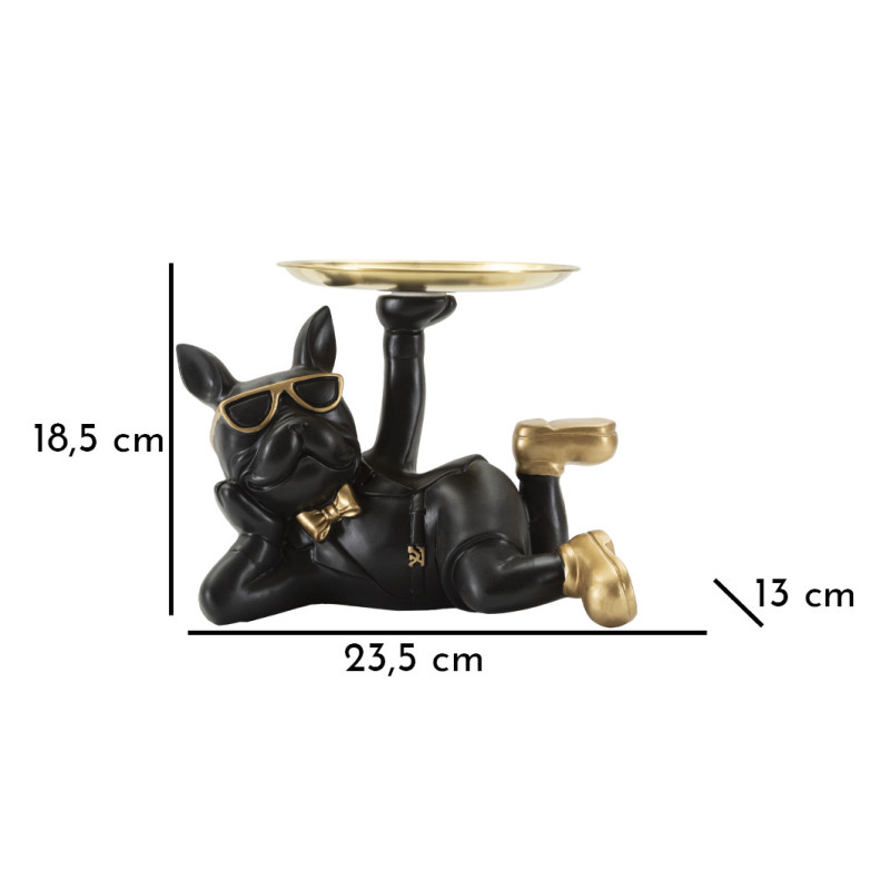 Statuette déco moderne Chien avec plateau 23 cm en Résine Noir Métal Doré Roven 