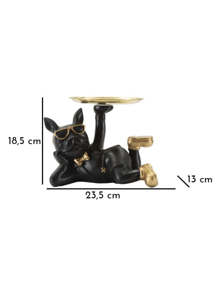 Statuette déco moderne Chien avec plateau 23 cm en Résine Noir Métal Doré Roven 