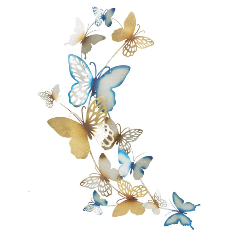 Grande déco murale moderne Papillons Hauteur 111 cm Métal Bleu Doré Butterflies 