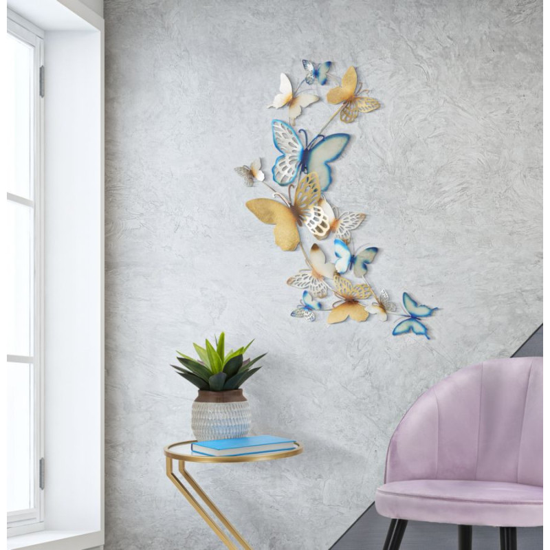 Grande déco murale moderne Papillons Hauteur 111 cm Métal Bleu Doré Butterflies 