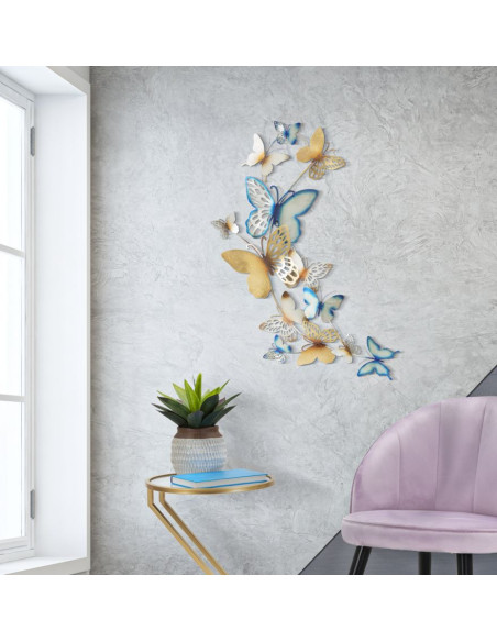 Grande déco murale moderne Papillons Hauteur 111 cm Métal Bleu Doré Butterflies 