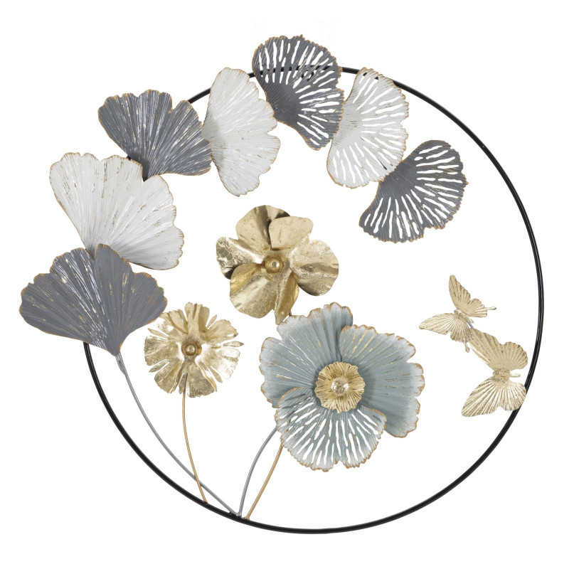 Décoration murale moderne Fleurs & Papillons 78x74 Métal Doré Gris Blanc crème Campur 