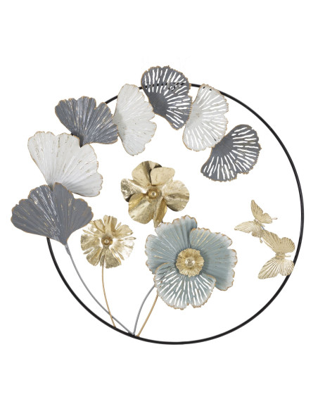 Décoration murale moderne Fleurs & Papillons 78x74 Métal Doré Gris Blanc crème Campur 