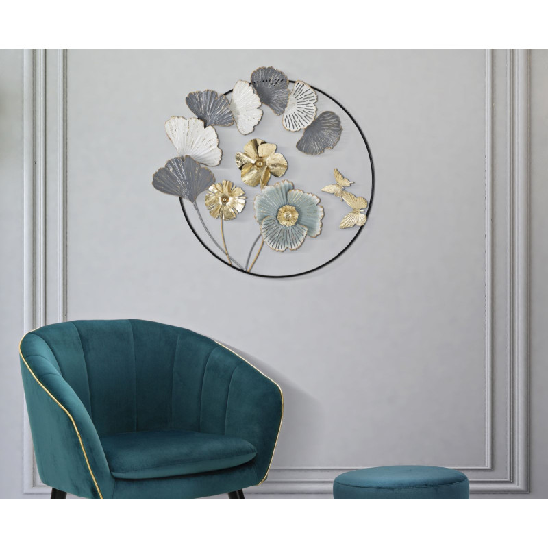 Décoration murale moderne Fleurs & Papillons 78x74 Métal Doré Gris Blanc crème Campur 