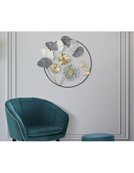 Décoration murale moderne Fleurs & Papillons 78x74 Métal Doré Gris Blanc crème Campur 