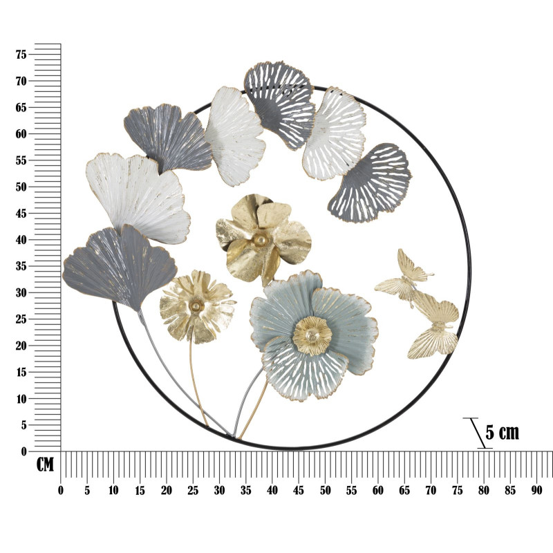 Décoration murale moderne Fleurs & Papillons 78x74 Métal Doré Gris Blanc crème Campur 