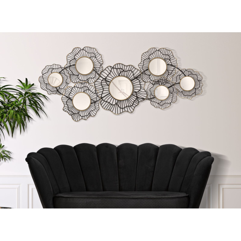 Grande Décoration murale moderne Fleurs & Miroirs 121x56 Métal Noir Doré Osaka 