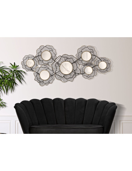 Grande Décoration murale moderne Fleurs & Miroirs 121x56 Métal Noir Doré Osaka 