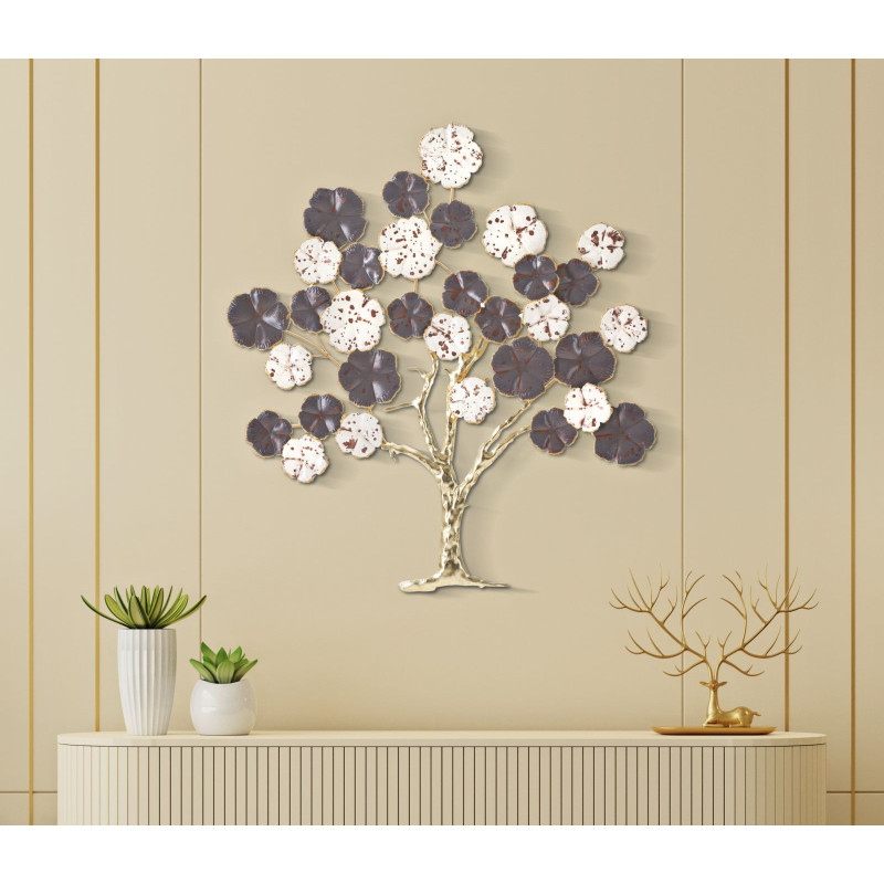 Décoration murale moderne Arbre fleuri 73x80 Métal Marron Blanc crème Doré Albero 