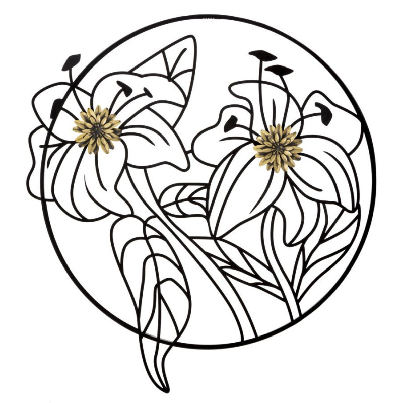 Décoration murale moderne ronde Fleurs 63x69 Métal Noir Doré Flotis 