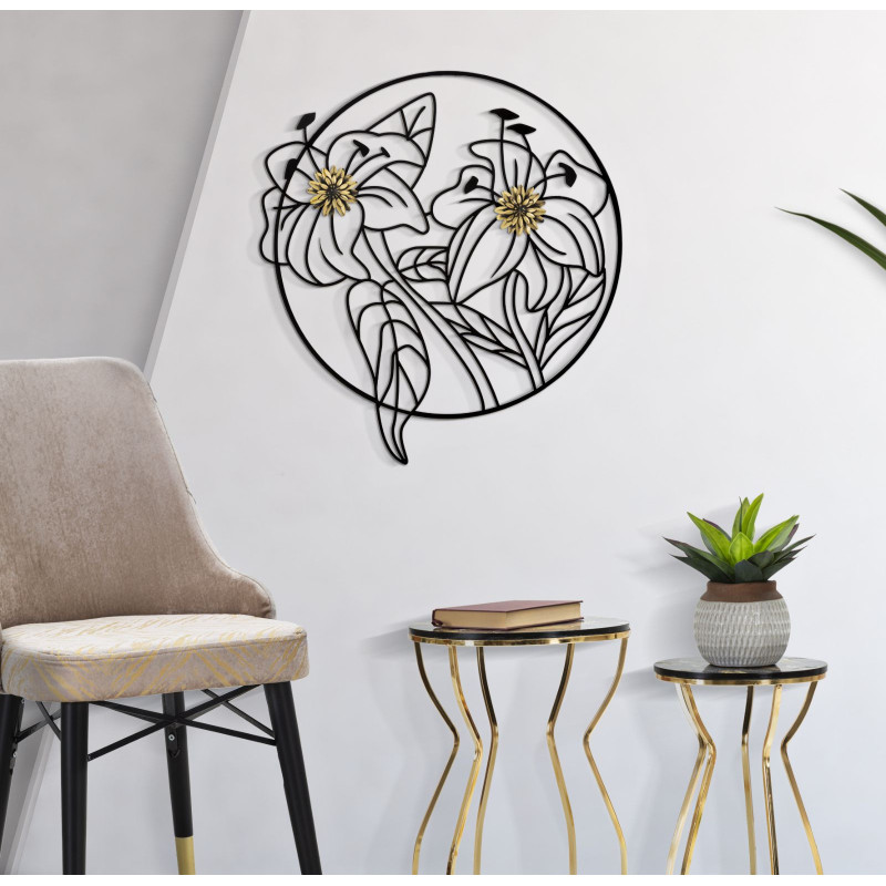 Décoration murale moderne ronde Fleurs 63x69 Métal Noir Doré Flotis 
