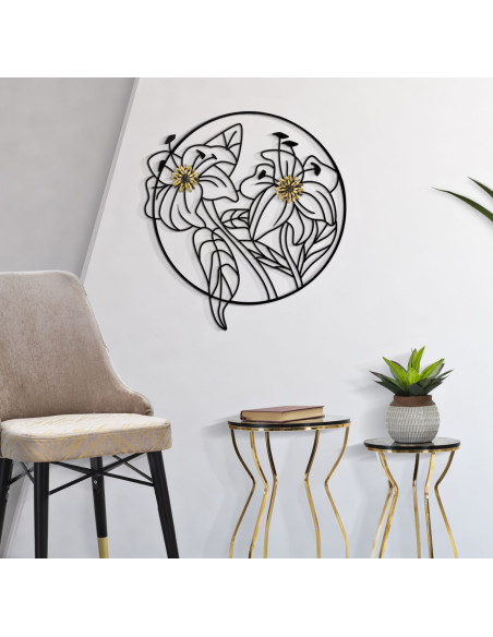 Décoration murale moderne ronde Fleurs 63x69 Métal Noir Doré Flotis 