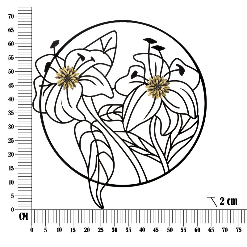 Décoration murale moderne ronde Fleurs 63x69 Métal Noir Doré Flotis 