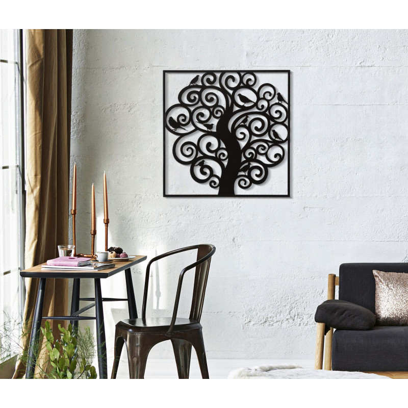 Décoration murale moderne Arbre Oiseaux 70x70 Métal Noir Three 