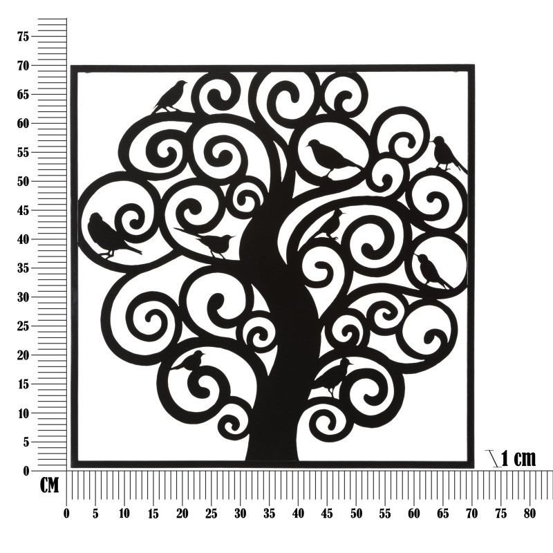 Décoration murale moderne Arbre Oiseaux 70x70 Métal Noir Three 