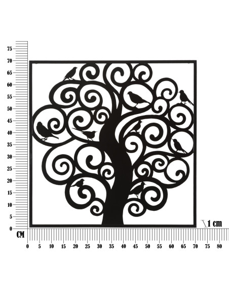 Décoration murale moderne Arbre Oiseaux 70x70 Métal Noir Three 